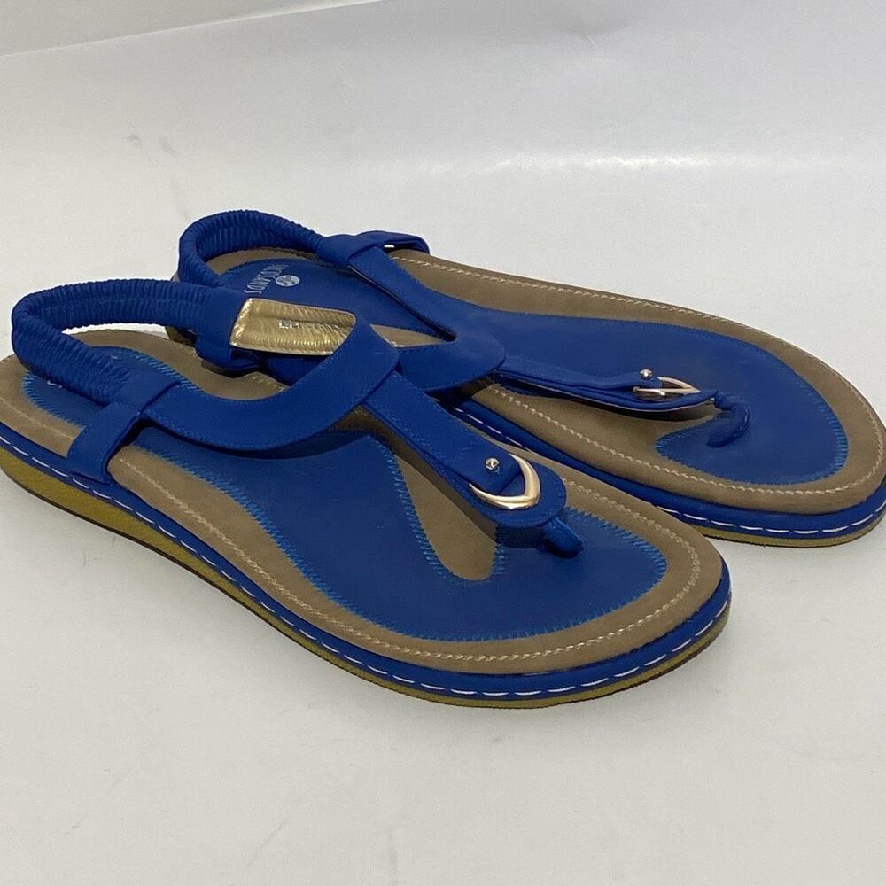 Socosands Women's Blue T-Strap Slingback Comfy Flat Sandals Size 11